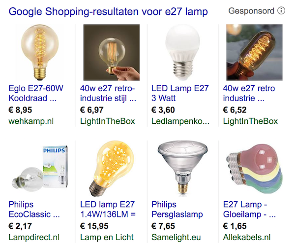 Voorbeeld Google Shopping, inclusief in alle Adwords pakketten